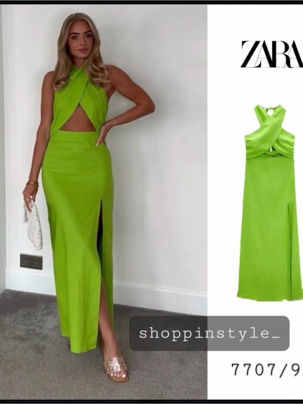 Zara Neon Green Twist Halter Cutout Maxi Dress